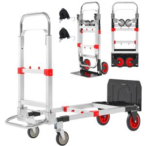 Upgraded 3 in 1 Aluminum Folding Hand Truck, 600lbs Capacity, Heavy Duty Convertible Dolly with Retractable Handle and 4 Rubber Wheels, Collapsible Cart for Moving Home, Office, Warehouse (Red) 