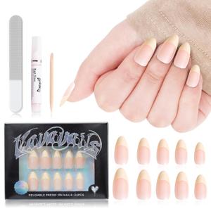 2 x French Tip Press On Nails Almond, Reusable Fake Nails for Women Manicure Set - Party, Daily Wear, 12 Sizes - 24 Pcs with Glue & Jelly Gel, Pearl with Natural Beige Tip