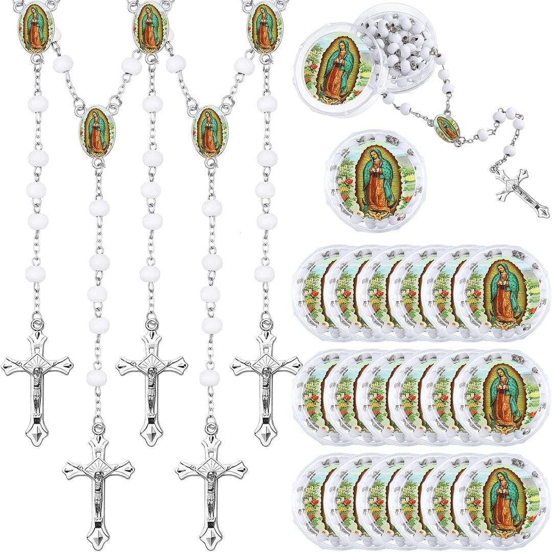 Jadive 24 Pcs Lady Guadalupe Scented Rosary Beads Necklace with 24 Clear Gift Box First Communion Baptism Beaded Necklace Favor (White)