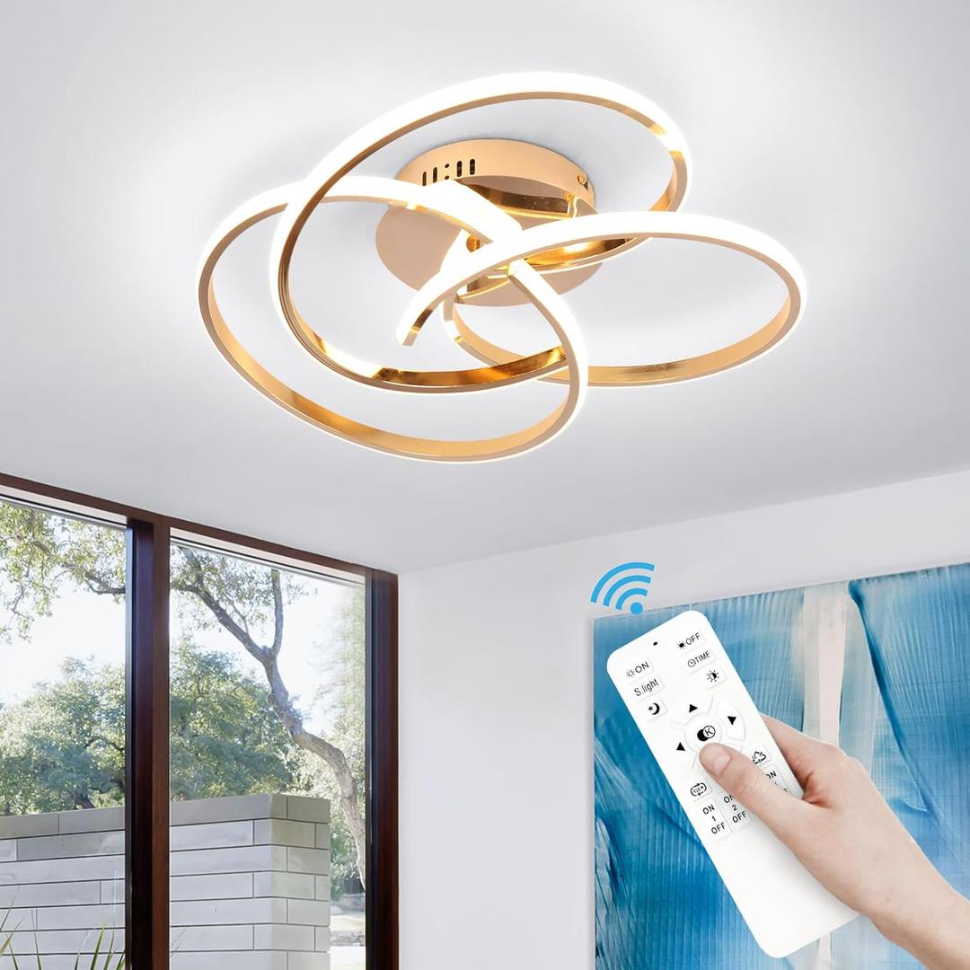 CANEOE Modern LED Ceiling Light Fixture, 42W Gold Dimmable Flush Mount Ceiling Light with Remote Control, Curve Design Close to Ceiling Lamp for Bedroom Living Dining Room Kitchen