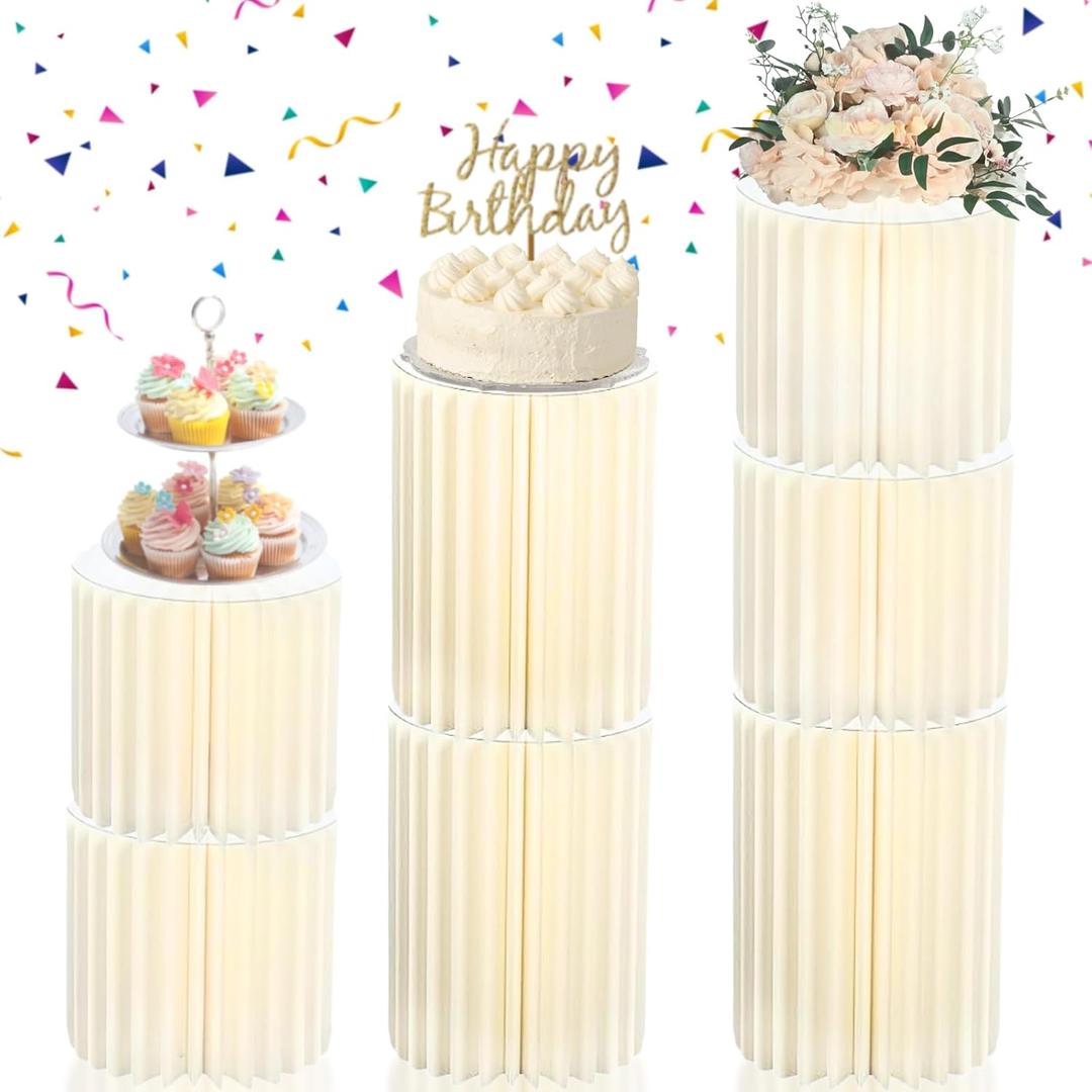 Stacking-Block Design Cake Stands for Party, Customizable Height, Sturdy Cardboard Column with Clearance Acrylic Plate, Reusable Round Cylinder Stands for Party for Birthday, Milky White