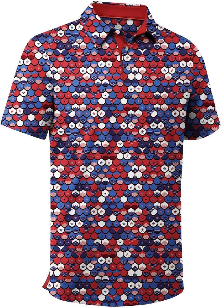 ZITY Mens Golf Shirt Short Sleeve Moisture Wicking Performance Daily Casual Print Patterns Collared Golf Polo Shirts for Men (Blue, L)