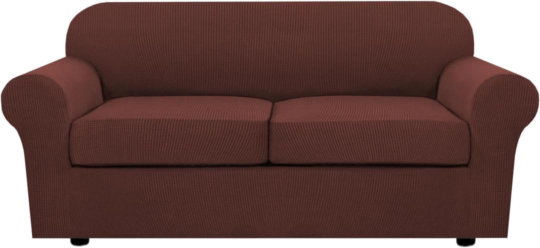 H.VERSAILTEX 3 Piece Stretch Sofa Covers for 2 Cushion Sofa Couch Covers for Living Room Sofa Slipcovers (Base Cover Plus 2 Seat Cushion Covers) Thicker Jacquard Fabric(Large Sofa, Chocolate)