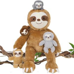 Tezituor 5Pcs Sloth Stuffed Animal Set, 22 inch Large Pregnant Stuffed Sloth Plushies with 4 Cute Babies Toy, Realistic Bradypod Plush Body Pillow Birthday Easter Gift Decor for Girl Boy