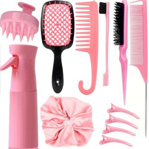 12 Pcs Hair Brush Set with Hair Spray Bottle for Toddlers, Women, Detangling Brush for Wet Dry Curly Hair, Edge Bristles Wide Tooth Rat Tail Combs for Baby Girls (pink)