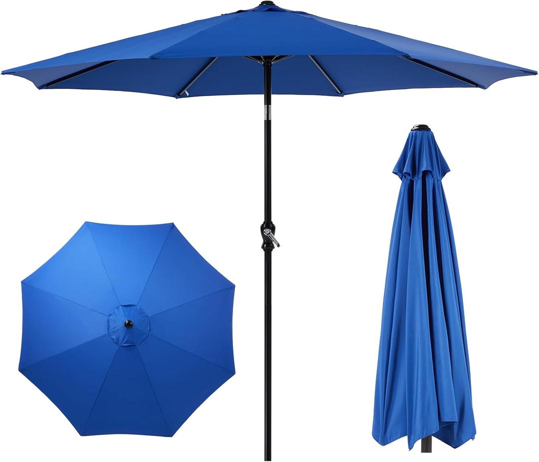 Sweetcrispy 9FT Patio Umbrella with Push Button Tilt and Crank, Outdoor Umbrella, Pool Umbrella with 8 Sturdy Ribs for Market, Terrace, Beach, Outdoor Restaurant, Blue