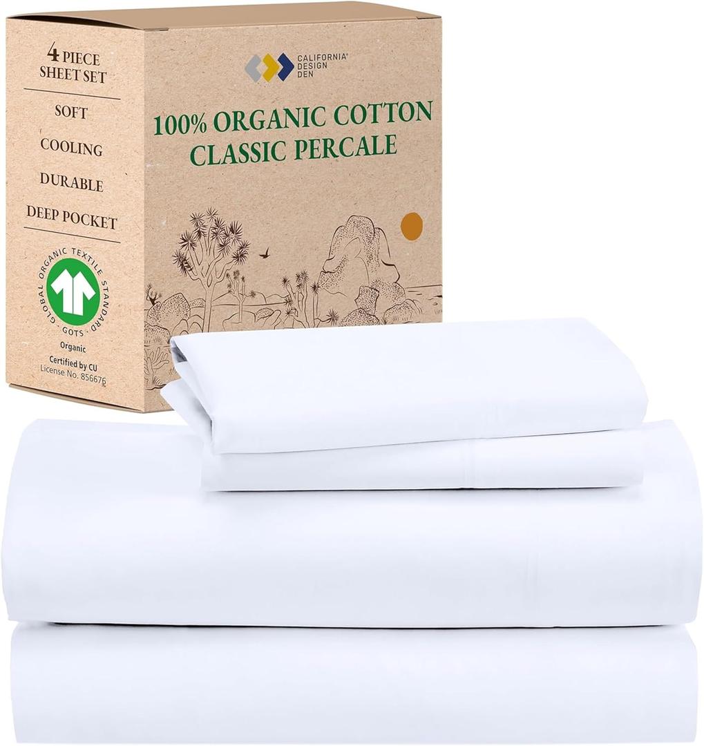California Design Den King Size Sheets Set - Soft 100% Organic Cotton, Crisp Percale Sheets with Deep Pockets, Breathable and Durable Bedding Set - White (Bright White)