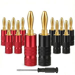 Banana Plugs, Solderless 24K Gold Plated 4mm Speaker Wire Connectors | 6 Pairs / 12 Pcs Dual-Screw Type for Home Theater, Wall Plates, Audio/Video Receivers and Amps (Red-Black)
