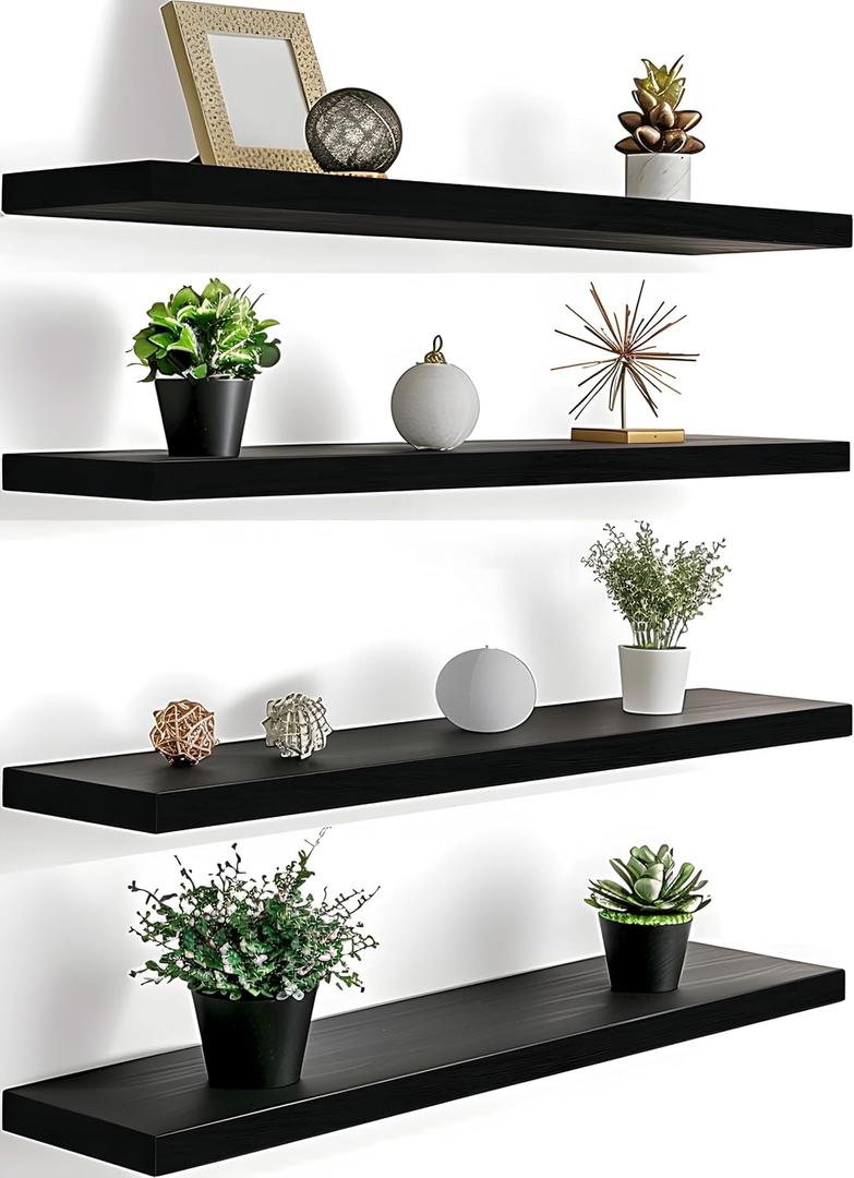 GXYAWPJ 24 Inch Floating Shelves for Wall Rustic Black Wood Wall Shelves for Bedroom Set of 4