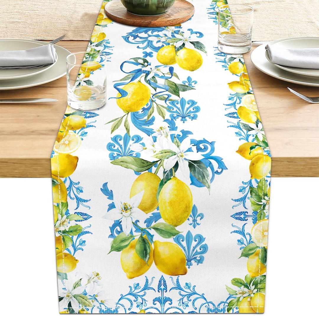 Blue Lemon Table Runner 13x71 Inch Summer Table Runners Yellow Lemon Table Decorations Rustic Coffee Table Runner for Home Kitchen Dining Room Party (13"x71", Yellow Lemon)