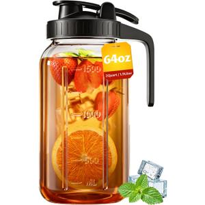 64 oz Mason Jar Pitcher Airtight & Leakproof Glass Pitcher with Lid, Perfect for Iced Tae, Sun Tea, Cold Brew, Breastmilk, 2 Quart (1/2 Gallon) Mason Jar with Pour Spout Lid Flip-Cap & Handle