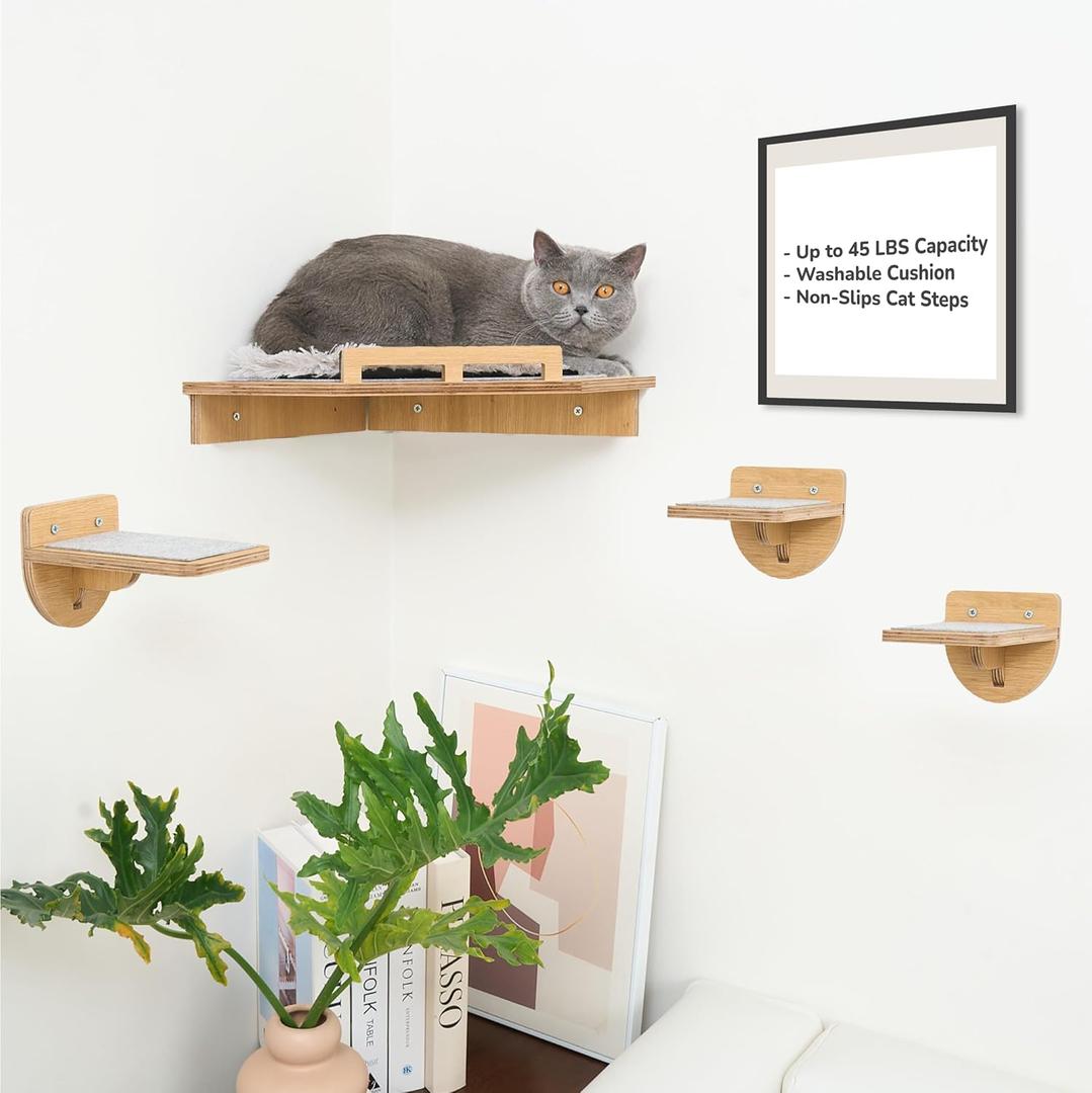45LBS Cat Wall Shelves with 3 Non-Slips Steps, Space-Saving Mounted Cats Walls Furniture & Shelf with Washable Cushion for Climbing, Indoor Shelf for Large Cats (Natural, Corner Shelves)