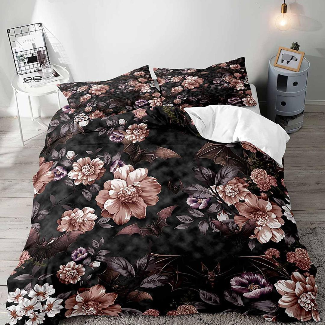 LUVIVIHOME 2PCS Bat Pink Floral Duvet Cover Twin Bedding Sets, Gothic Bedding, Vintage Rustic Farmhouse Dark Moody Victorian Goth Aesthetic Botanical Black Flower Comforter Quilt Cover, 1 Pillow Case