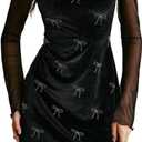 Women's Velvet Crewneck Mesh Long Sleeve Bodycon Mini Party Dress (Black, L)