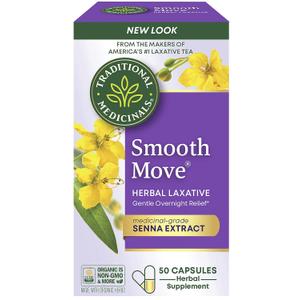 Traditional Medicinals Organic, Smooth Move Laxative Capsules - Organic Senna & Licorice Laxatives for Constipation - Kosher, Non-GMO, Stimulant-Free - 50 Capsules (EXP 06/16/28)