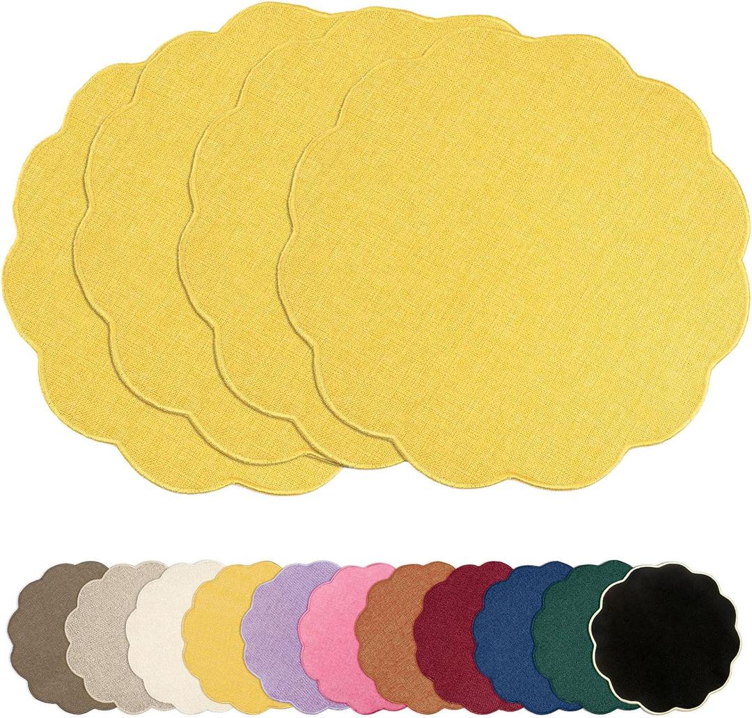 AHHFSMEI Round Faux Linen Placemats Set of 4 Heat Resistant Non-Slip Stain Proof Table Mats for Kitchen Dining Elegant Decor Place Mats (Yellow,4)