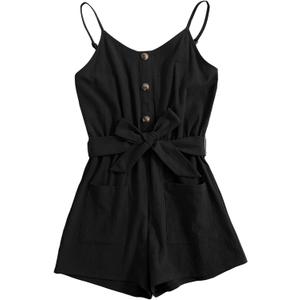 GAMISOTE Girls Romper Strappy Sleeveless Button Tie Front Jumpsuit With Pockets (5-6 Years, Black)