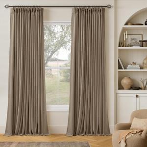 l05 Inch Linen 100% Light Blocking Curtains Drapes 105 Inches Long 2 Panels Set for Bedroom Neutral Pinch Pleated Black Out Thermal Light Brown Curtain for Summer Heat Energy Efficient Latte