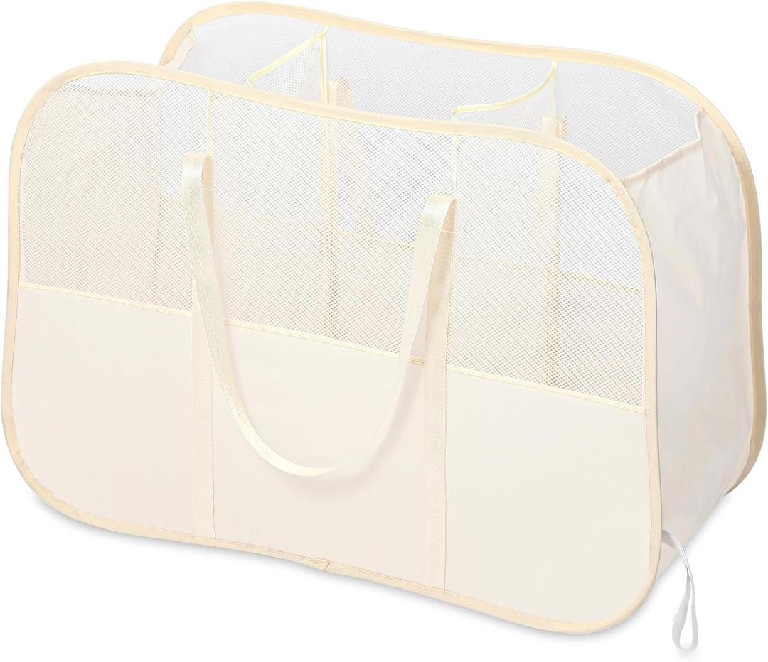 Collapsible Laundry Baskets with 3 Compartment, 150L Tear-proof Pop Up Hamper, Foldable Laundry Basket with Tote Handles, Dirty Clothes Hamper for Laundry, Bedroom, Bathroom, Dorm Beige