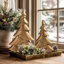 RM ROOMERS Christmas Tree Figurines Wooden, Set of 2 Gold Christmas Tree Vintage Tabletop Xmas Statues, Antique Decorative Xmas Trees for Desk, Mantel, Entryway, Rustic Holiday Centerpieces