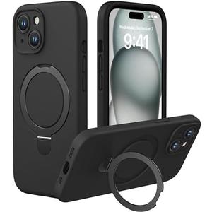 CellEver Strong Magnetic Case for iPhone 15 [for MagSafe Charging] [Camera Protection] Heavy-Duty Protection, Soft Grip Silicone Cover with Kickstand, Black