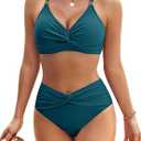 Blooming Jelly Women's High Waisted Bikini Sets Matel Tummy Control Swimsuits V Neck Twist Front Bathing Suit (Blue, L)