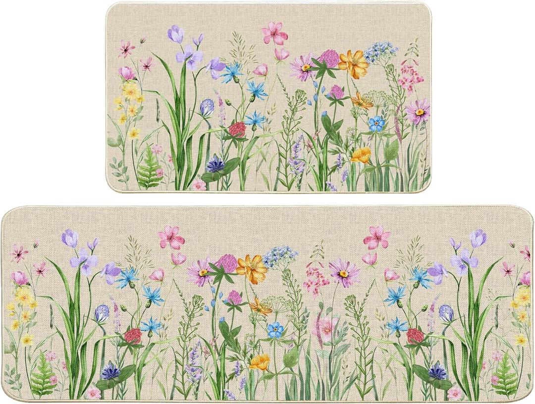 FUTBU Spring Rugs and Mats Set of 2, Hello Spring Floral Kitchen Decor, Farmhouse Colorful Anti Fatigue Mats for Floor Decorations, Rug Mat Home Decor 17"x27"+17"x47"