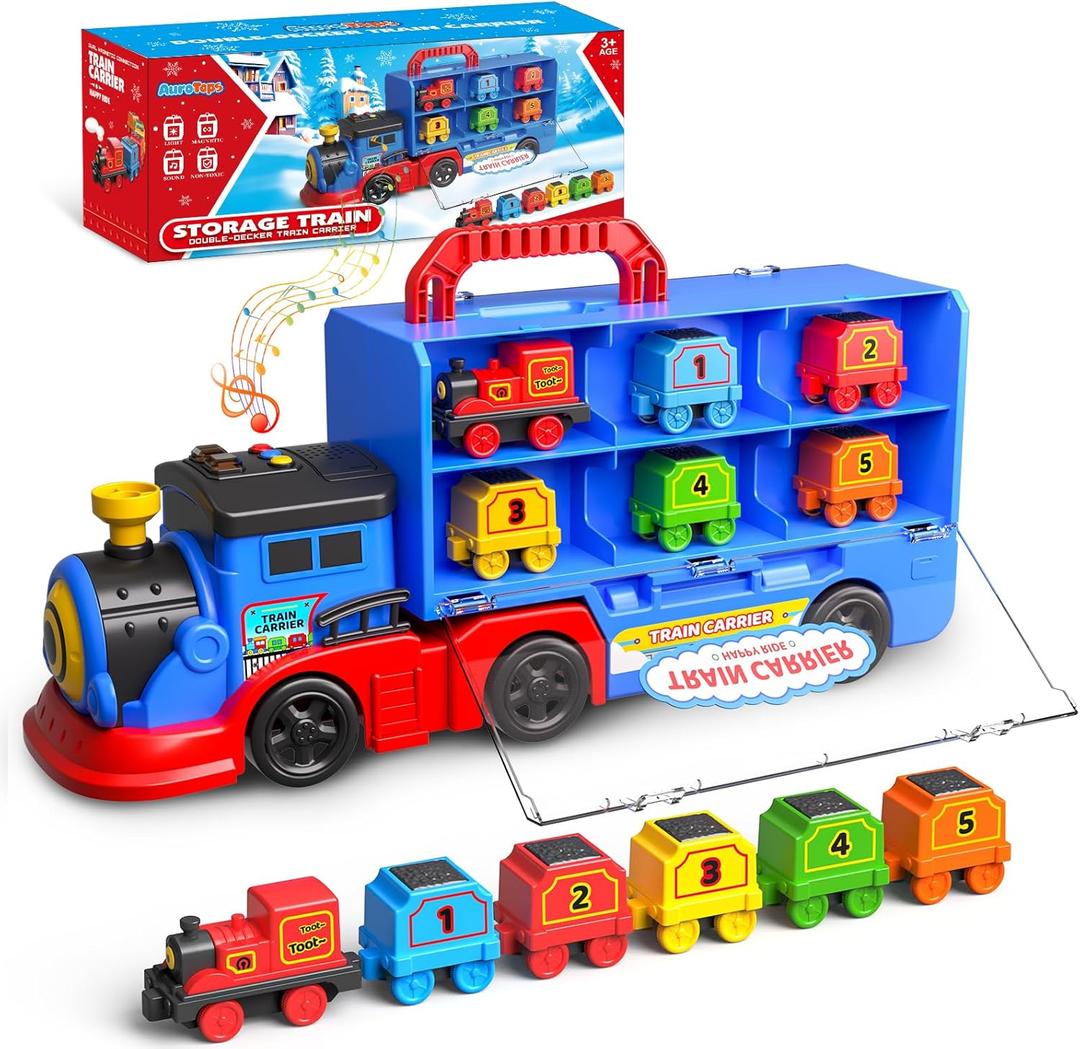 Toys for 3 4 5 6 Year Old Boys for Kids Girl Boy Toys,2-in-1 Toddler Toy Trucks Christmas Train Set with Light & Sounds Include 1 Transport Toy Trucks,6 Magnetic Trains