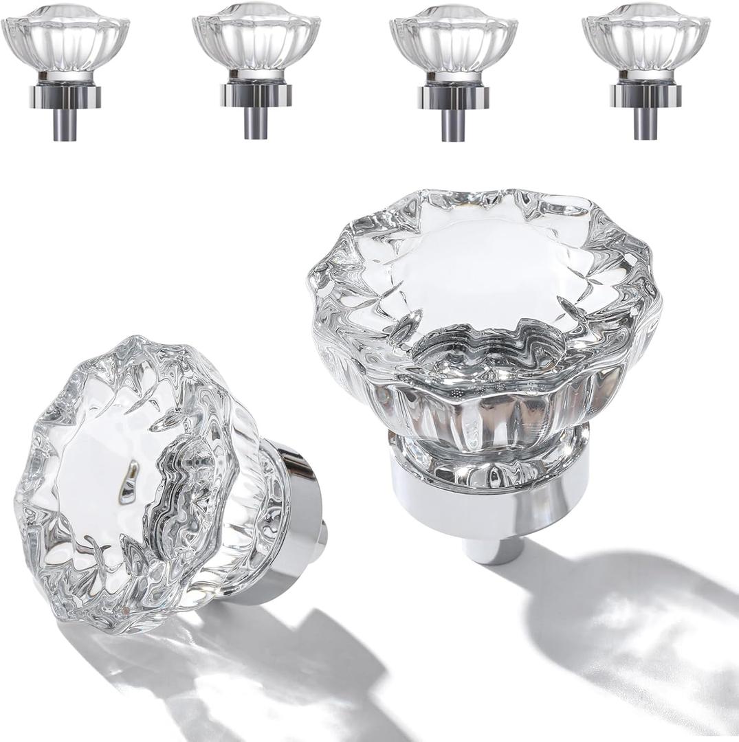 Glass Cabinet Knobs 4 Pack Crystal Vintage Knob for Kitchen Closet Dresser Cupboard Wardrobe, Clear Cabinets Hardwares Unique Decor Accessories with Screws Washers, Polished Chrome