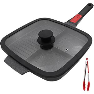 3 Section Grill Pan for Stove Tops with Detachable Handle, Nonstick Versatile Griddle Pan with Lid, Square Skillet PFOA Free, Black
