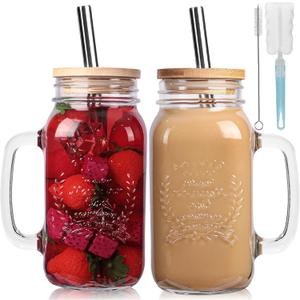 2 Pack 24Oz Mason jar cups with lids and straws, Mason Jars with Handle