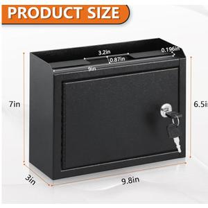 KYODOLED Suggestion Box with Lock and Slot, Small Locking Mailbox for Office, Wall Mount Safe Money/Key Drop Box with 50 Free Suggestion Cards, 9.8" W x 3" D x 7" H, Black