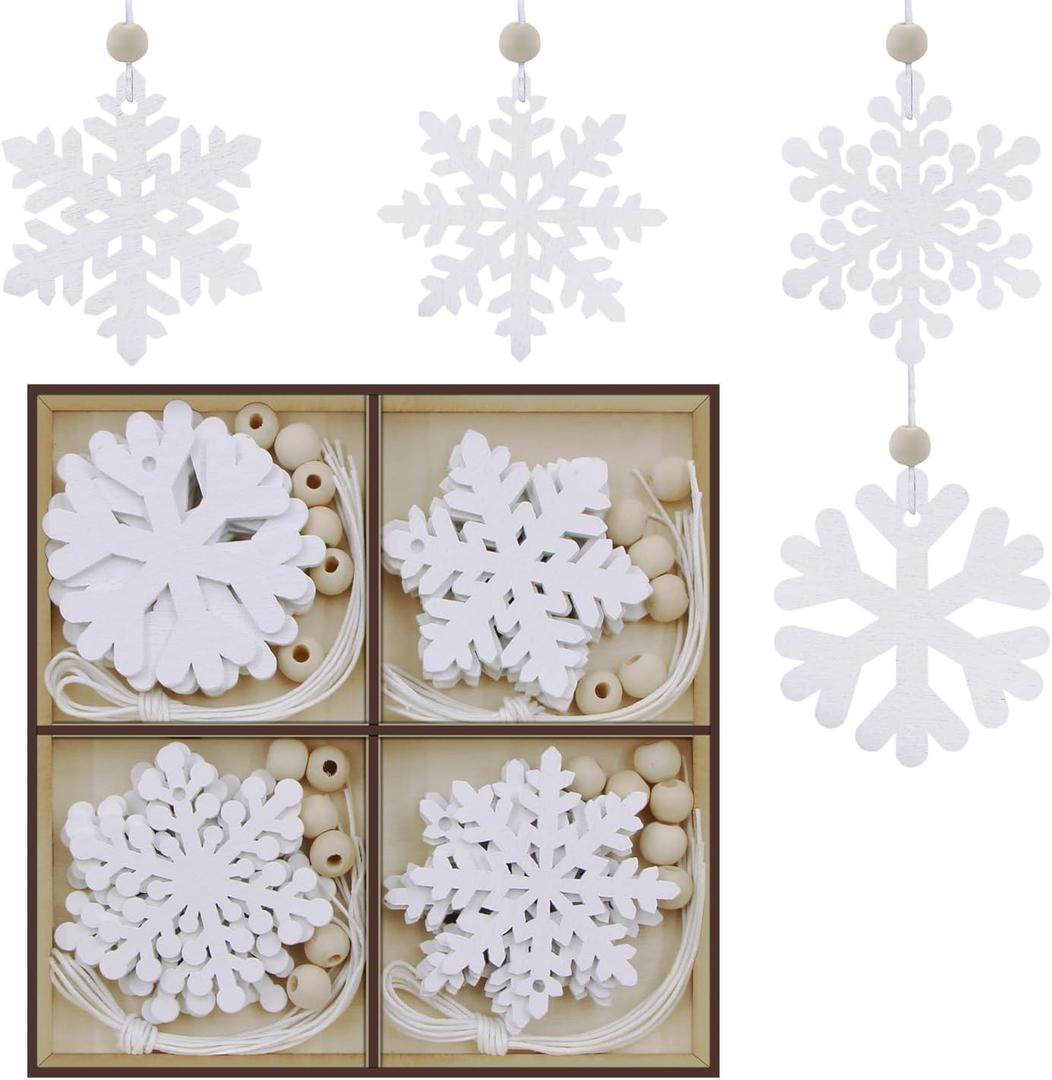 24PCS Wooden Snowflakes Ornaments, Decorative Hanging Ornaments, Snowflakes Ornaments for Winter Home Tree Garland Christmas Decoration Holiady Crafts (4 Styles)