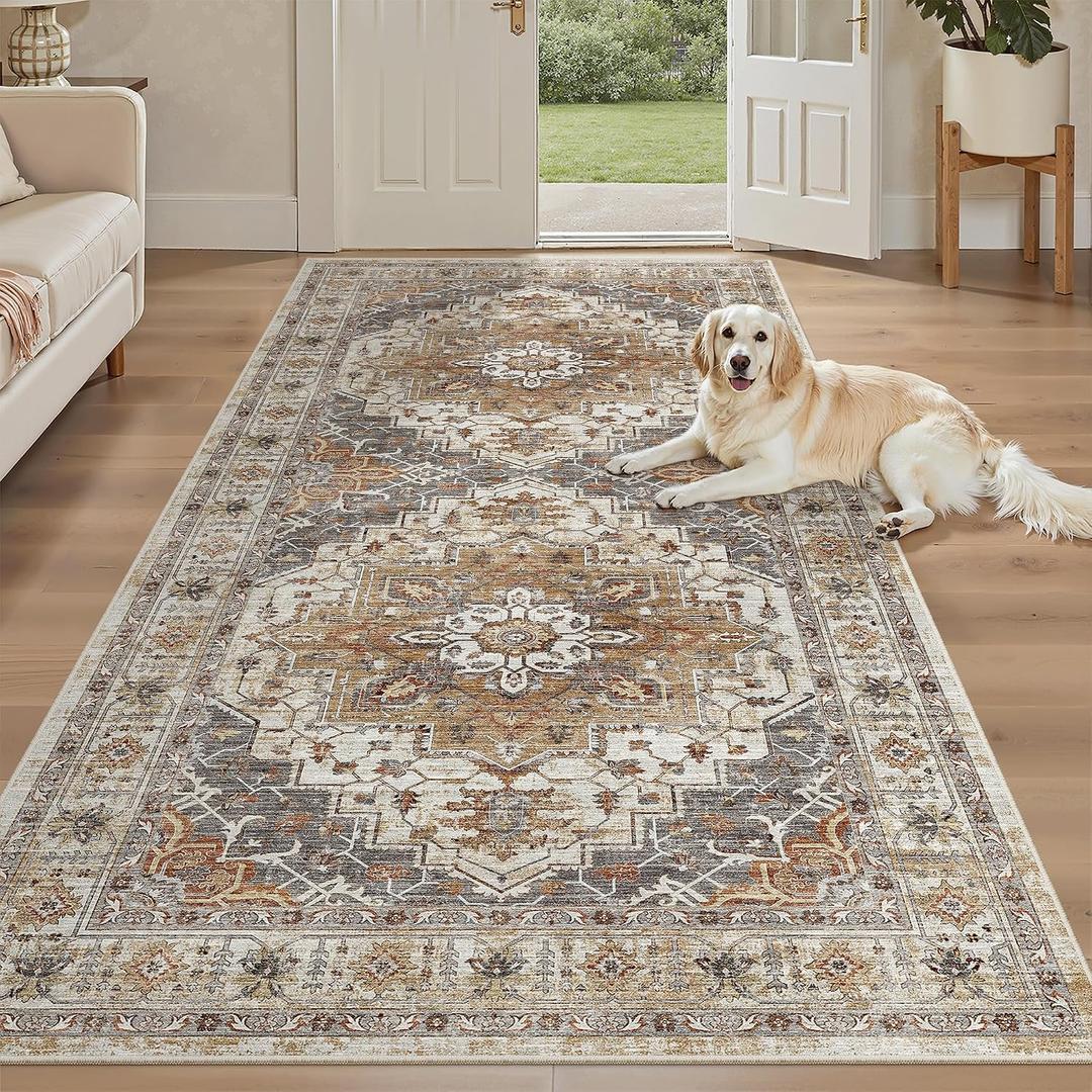 Madane Hallway Runner Rug 4x8 Wide: Washable Thin Runners for Hallways Entry, Non Slip Soft Vintage Kitchen Rugs Low Pile Carpet Runners for Living Room Bedroom Dining Room Foyer (Turmeric/Grey,4x8)