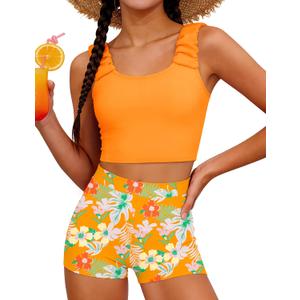 GEMLON Girls Tankini Swimsuit Solid Tank Top with Tropical Printed Shorts 2 Piece Girls Bathing Suits Size 15-16Y (Orange)