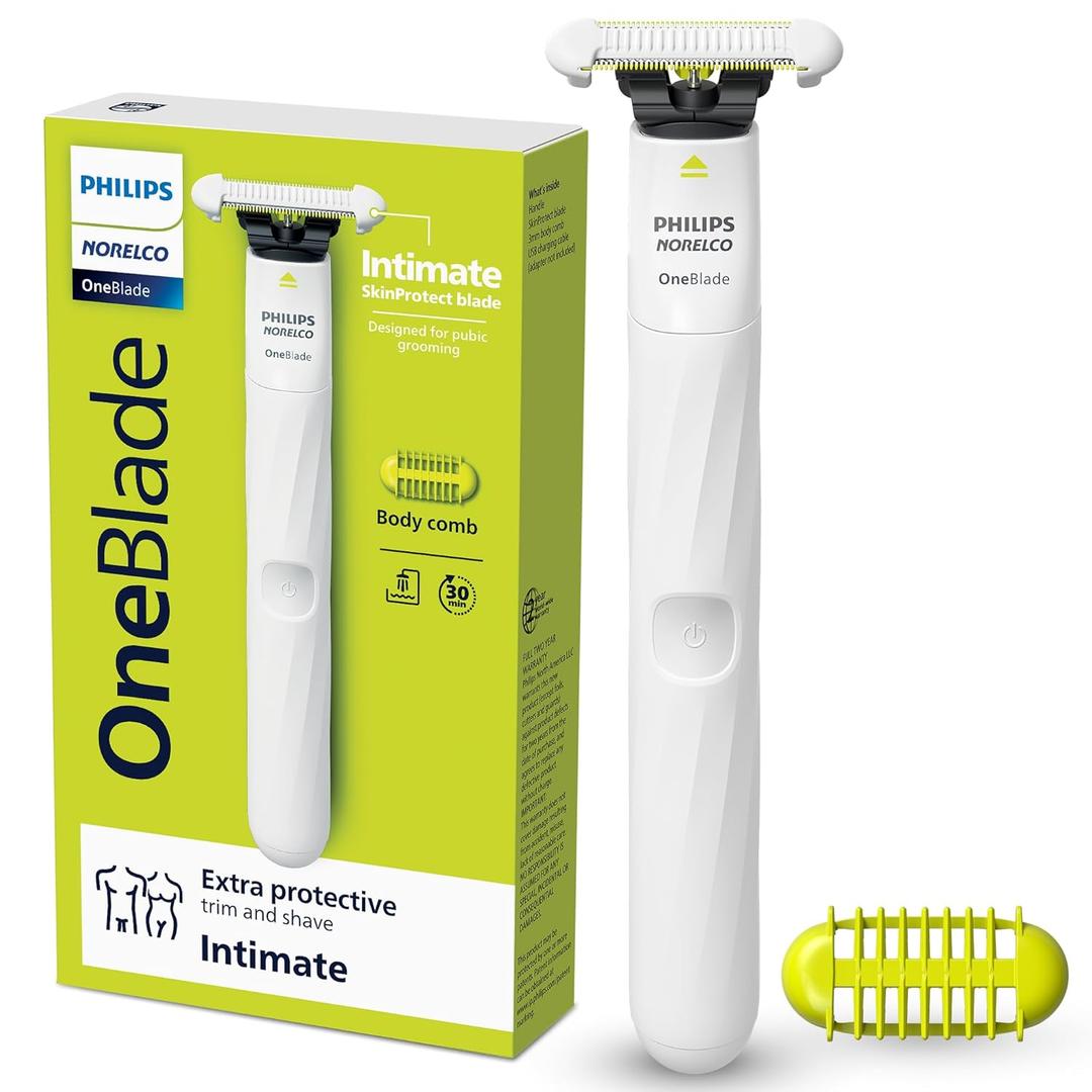 Philips Norelco OneBlade Intimate, Designed for Pubic Grooming, Trim & Shave with Extra Skin Protection, Waterproof, Model QP1924/70 (Single Pack, White)