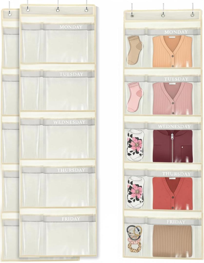 Kids Weekly Clothes Organizer, 2 Pack | Day of the Week Hanging Closet Storage, For School Outfits, With Labels for Monday to Friday