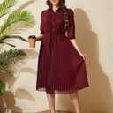 Women V Neck 3/4 Sleeve Pleated A-Line Dress with Belt Swing Midi Dresses for Spring Summer Autumn (L)