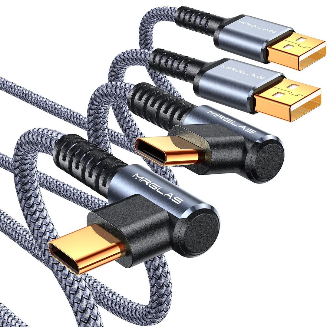 MRGLAS 3.2A USB C Charger Cable,[2-Pack, 10FT] USB A to USB C Right Angle Gold-Plated Type C Charger Fast Charging Durable Braided Cord for iPhone 17 16 15 Samsung S10 S9 Note 10 S21 LG-Grey