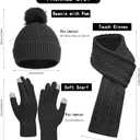 2 x Double Couple 3pcs Winter Women scarf and hat and Touch Screen Gloves Set for Women Knit Hat with Faux Fur Ball Scarves Glove (Dark Gray)