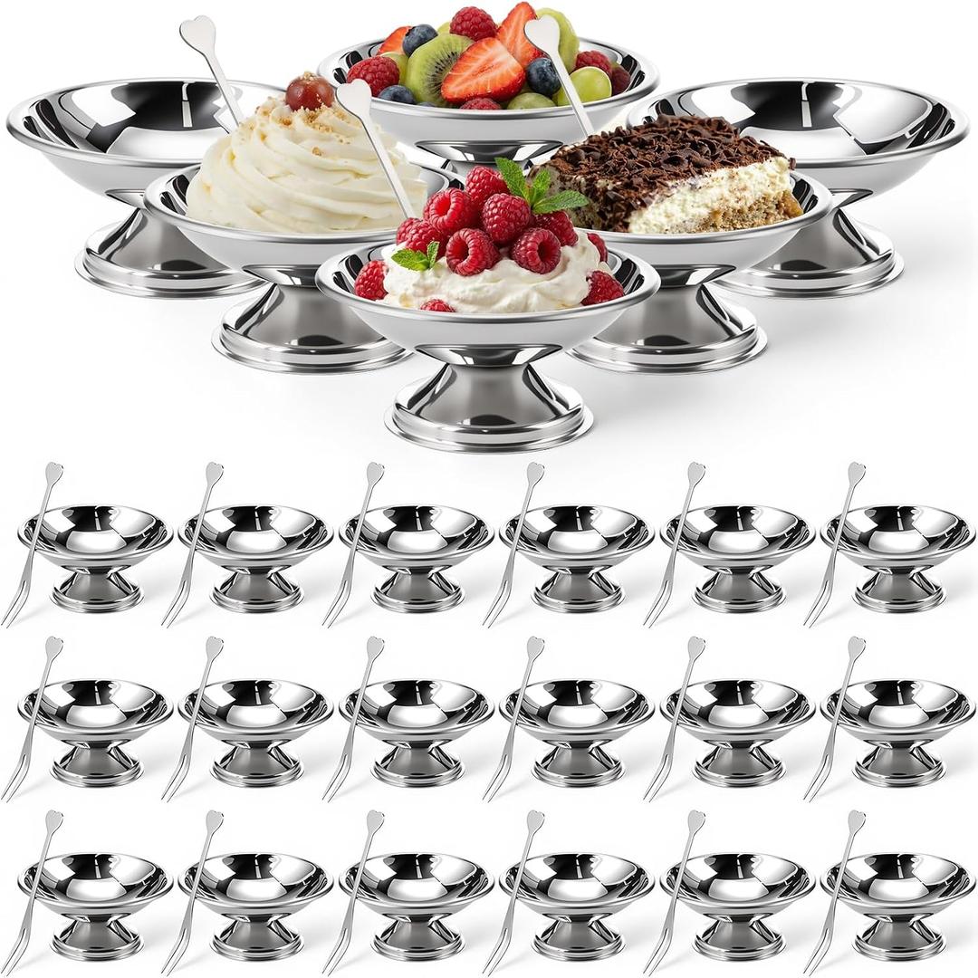 24 Pcs Stainless Steel Ice Cream Bowl Bulk Mini Silver Serving Dessert Cups Round Footed Yogurt Sundae Bowls Metal Snack Dish for Fruit Pudding Wedding Birthday Commercial Party (3.93 Inch)