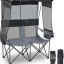 Double Camping Lawn Chair with Canopy Shade, 2 Person Seater Outdoor Sport Folding Loveseat with Cooler Cup Holder Bag Black Gray Mesh Backrest Heavy Duty Steel Frame Couch for Beach Fishing