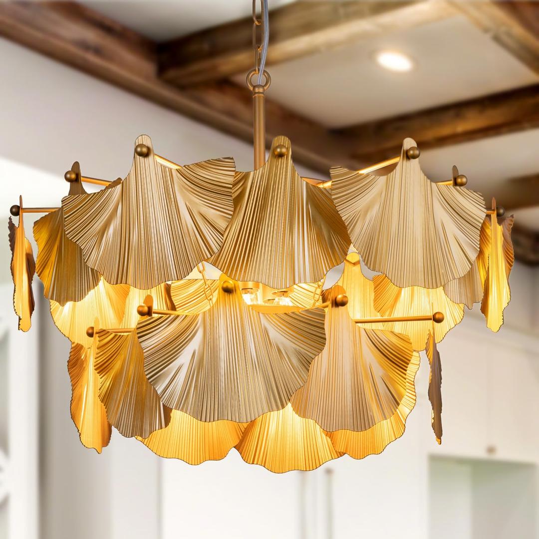 TOCHIC Modern Farmhouse Chandelier, 8 Lights Gold Chandeliers for Dining Room, Rustic Chandelier with Ginkgo Leaves, Ceiling Light Fixture for Living Room, Bedroom, Kitchen, Entryway, W-25.98"