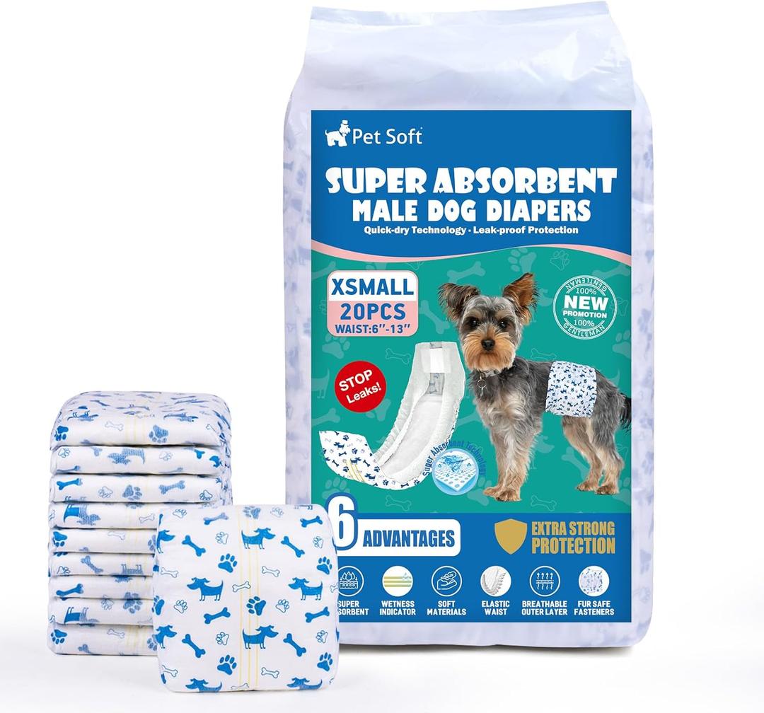 Pet Soft Male Dog Diapers - Disposable Male Dog Wraps Wetness Indicator, Puppy Diapers Male for Excitable Urination or Incontinence, 20pcs XSmall