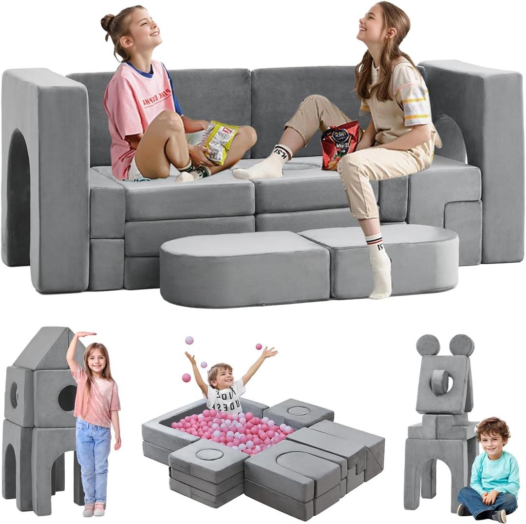 22Pcs Modular Play Couch, Floor Sofa 1000+DIY Creativing Playroom Furniture, Convertible Foam and Floor Cushion for Boys and Girls, Grey Black