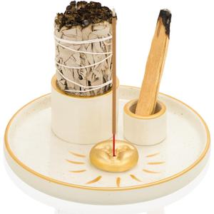 ZenBless Multifunction Incense and Candle Holder for Burning Sage, Palo Santo, Incense Sticks - 5.9" Ceramic Ash Catcher Tray for Meditation Room Home Decor Spritual Gifts(Gold Sun)