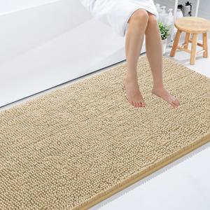 Smiry Luxury Chenille Bathroom Rugs 59x35, Extra Soft and Absorbent Shaggy Bath Mat, Machine Washable, Non-Slip Plush Carpet Runner for Tub, Shower, and Floor, Home Decor Accessories, Beige