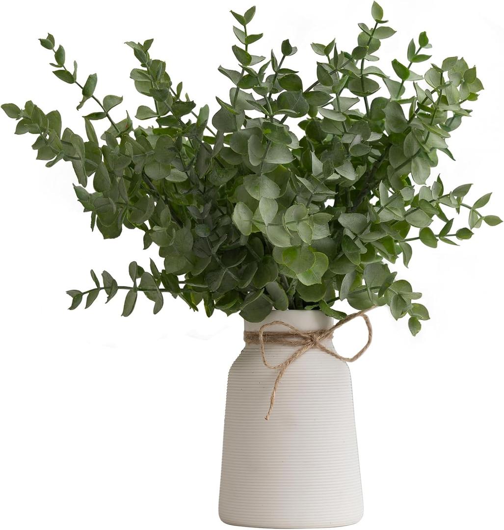Artificial Eucalyptus Stems in White Ribbed Texture Ceramic Vase,Realistic Greenery 14" Faux Plant Arrangements Home Decor Weddings Centerpieces