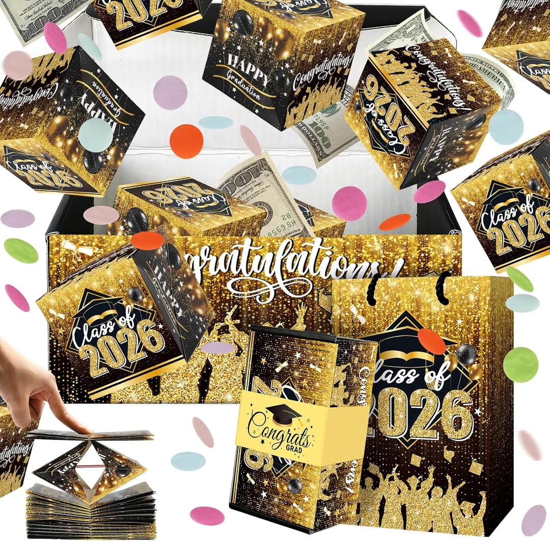 Sereliy Graduation Exploding Money Gift Boxes for Cash, 12 Pack Pop Up Surprise Money Box with Confetti, Black Gold Graduation Explosion Gift Box for Cash Giving Class of 2026
