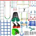 Ninja Warrior Obstacle Course for Kids Backyard - 250ft Slackline Kit with 10 Most Complete Accessories for Boys & Girls, Swing, Rope Ladder, Gymnastic Ring, Climbing Net, Arm Trainer and Monkey Fist (2x50FT + 10 attachments)